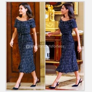 ZARA TWEED GEMSTONE BUTTONS BOAT NECK COLLAR MIDI DRESS